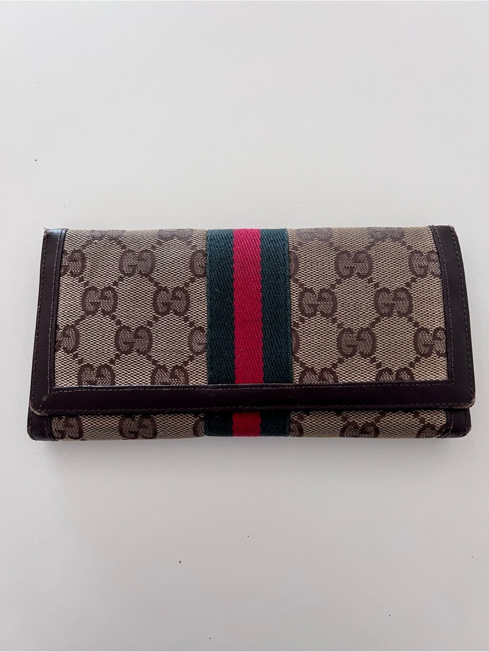 Vintage Gucci Brown Monogram Continental Wallet with Green-Red Web Stripe